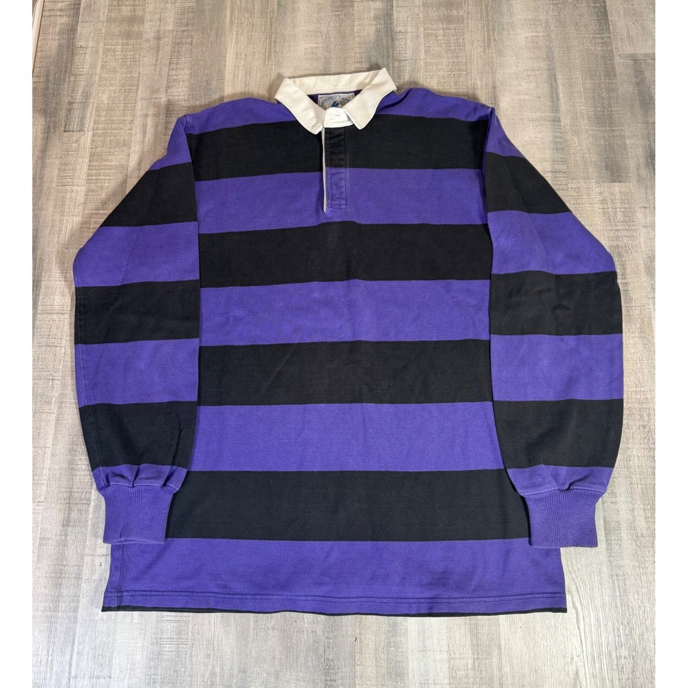 Vintage Lands End Rugby Shirt Mens XL Tall Purple Black Stripe Long Sleeve USA